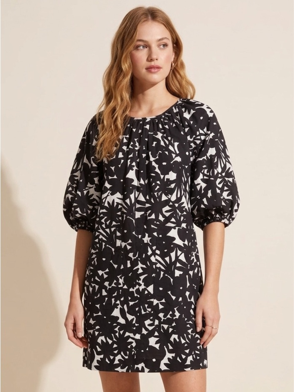 Everlane The Seersucker Puff Sleeve Dress Black Canvas Floral Graphic Print Sz S